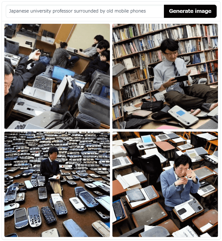 A Japanese professor surrounded by an old mobile phone collectionと指示して描画したら…