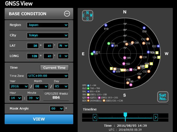 「GNSS View」というアプリを使うと見たい場所・時間の衛星配置を簡単に表示できます