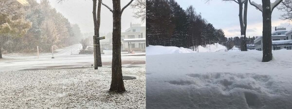 筆者の研究室窓外の風景もこの通り。雪が降り始める11月中旬（左）と、絶頂期(?)の2月（右）